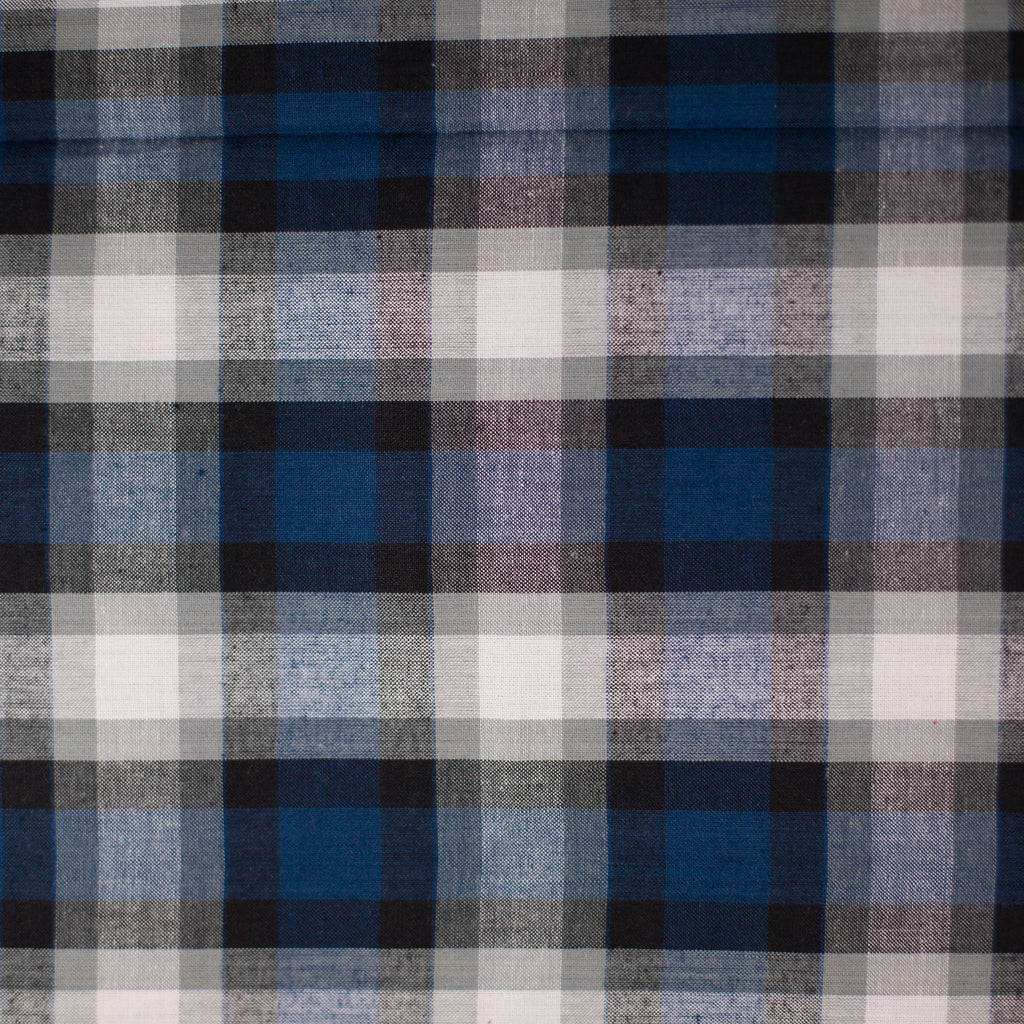 Blue, Black, Navy and White Plaid Madras Shirting - AE Nathan